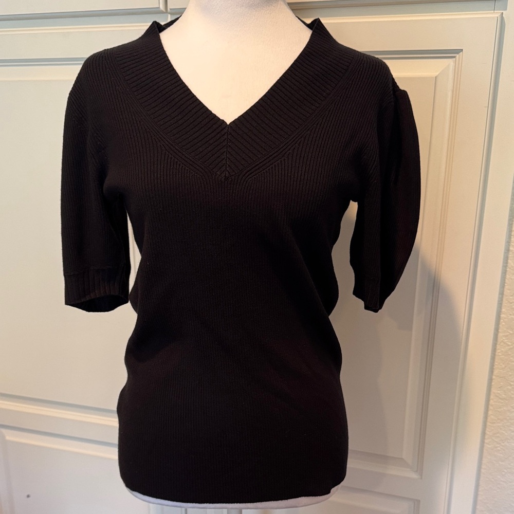 Ann Taylor Factory Black V-Neck Short Sleeve Sweater